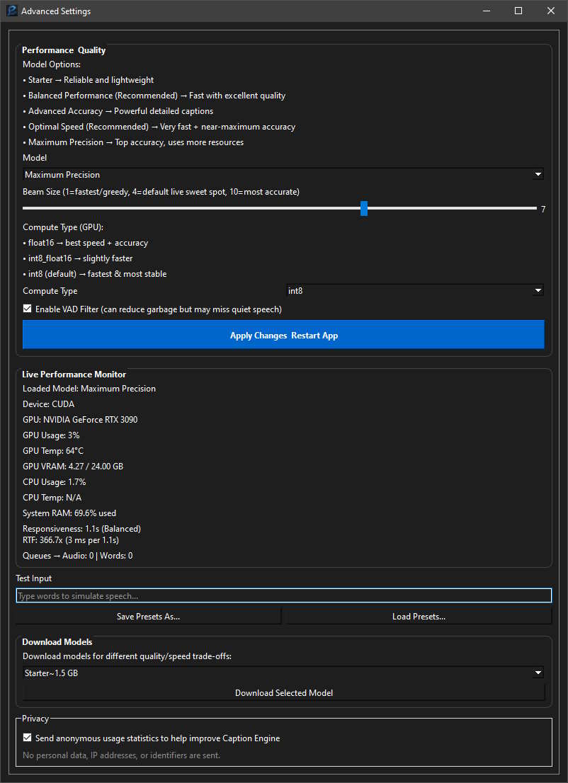 Advanced settings and performance monitoring